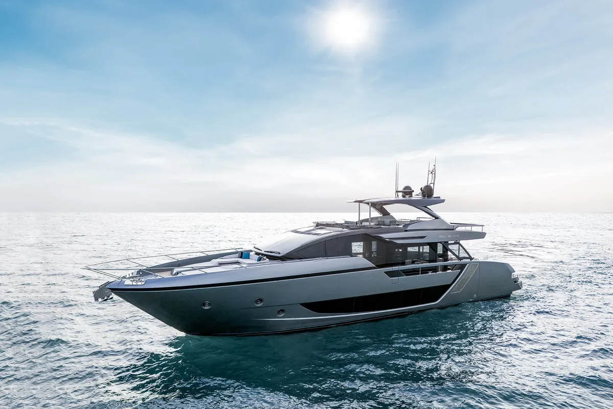 Exterior view of Riva 82 Diva, a motor yacht at Dubai Harbour, United Arab Emirates