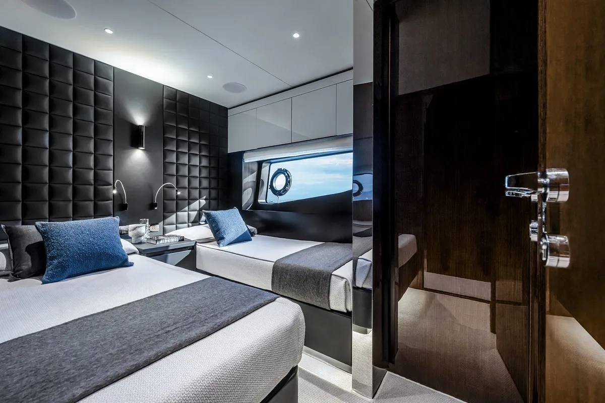 Cabin on Riva 82 Diva, a motor yacht at Dubai Harbour, United Arab Emirates