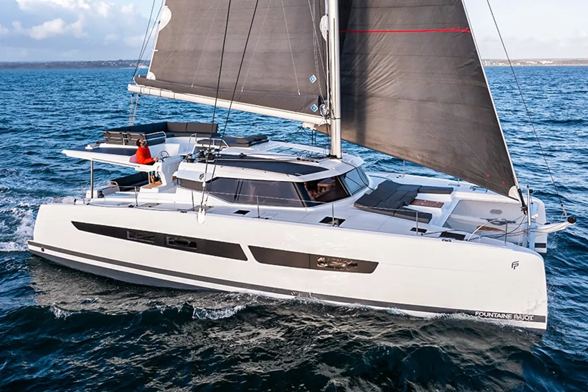 Exterior view of Penny Lane, a Fountaine Pajot Aura 51 catamaran at Athens, Greece
