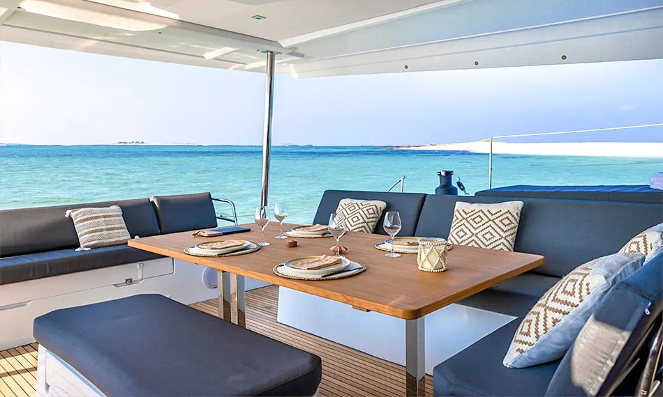 Deck of Penny Lane, a Fountaine Pajot Aura 51 catamaran at Athens, Greece