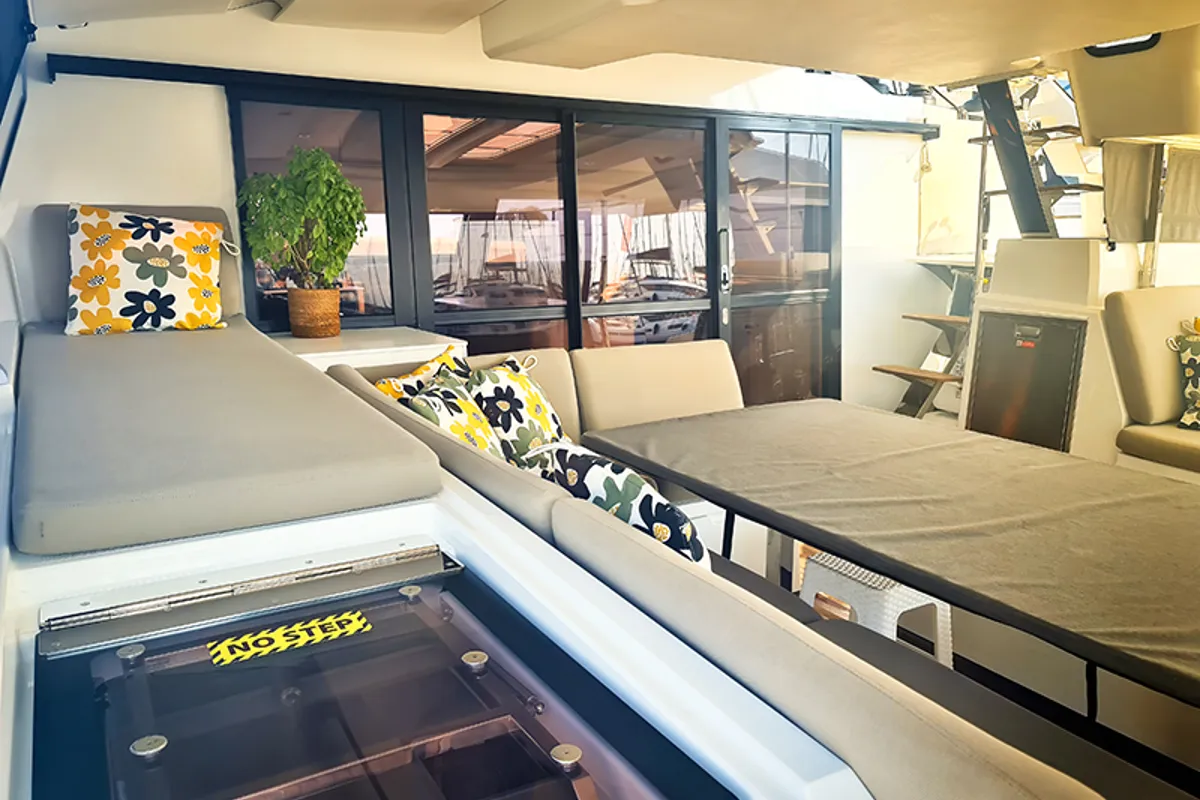 Salon of Penny Lane, a Fountaine Pajot Aura 51 catamaran at Athens, Greece