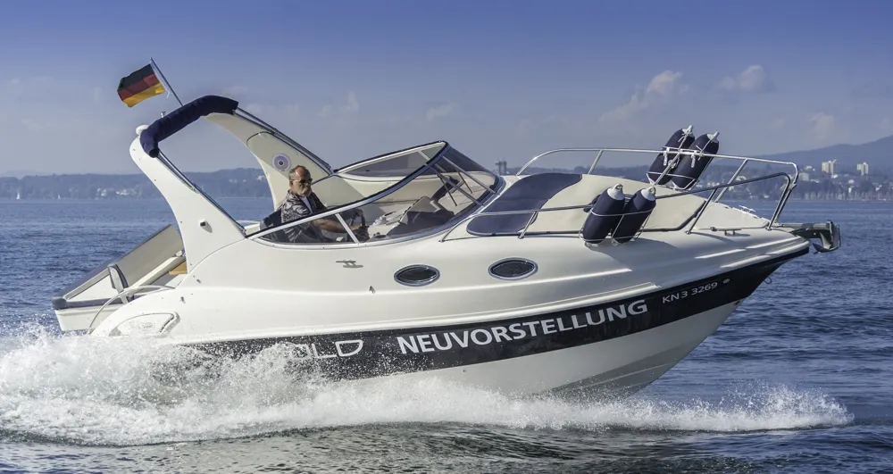 Exterior view of Eolo, a Eolo 770 Cruiser motorboat at Punat, Croatia