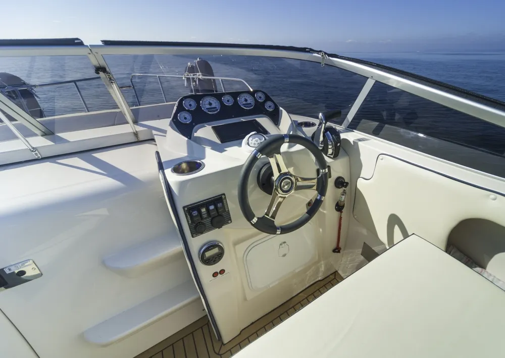 Cockpit of Eolo, a Eolo 770 Cruiser motorboat at Punat, Croatia