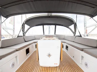 Cockpit of Talassa, a Jeanneau 54 sailboat at Salerno, Italy