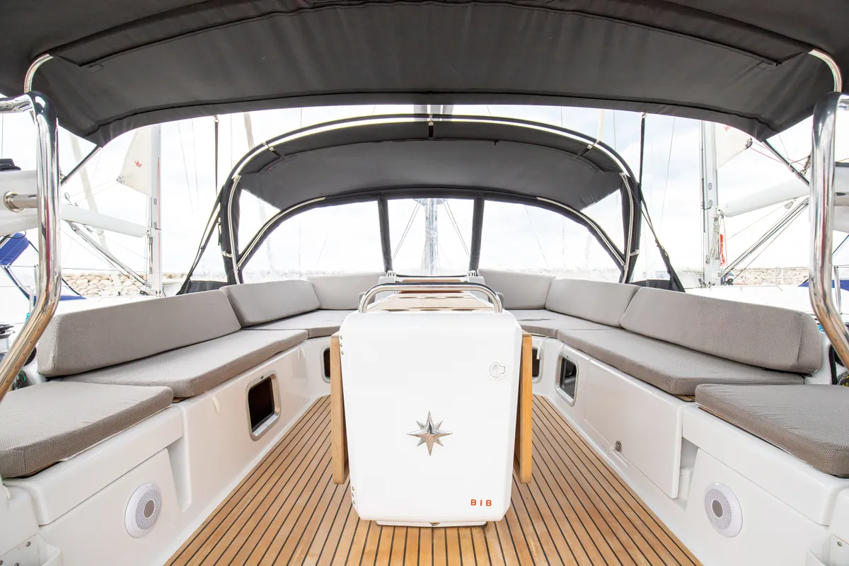 Cockpit of Talassa, a Jeanneau 54 sailboat at Salerno, Italy
