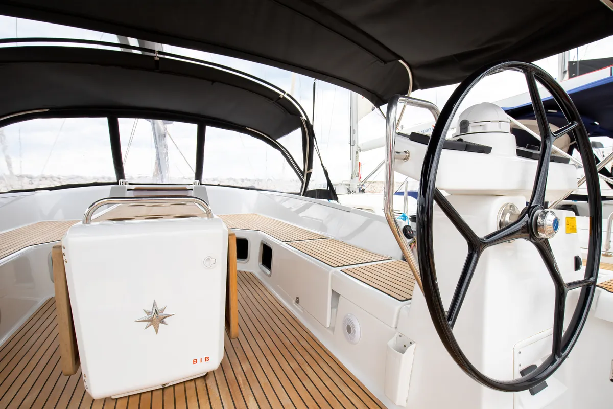 Cockpit of Talassa, a Jeanneau 54 sailboat at Salerno, Italy