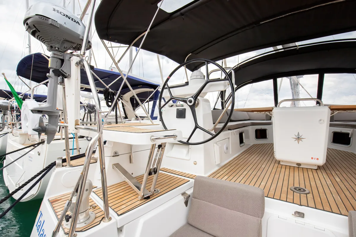 Cockpit of Talassa, a Jeanneau 54 sailboat at Salerno, Italy