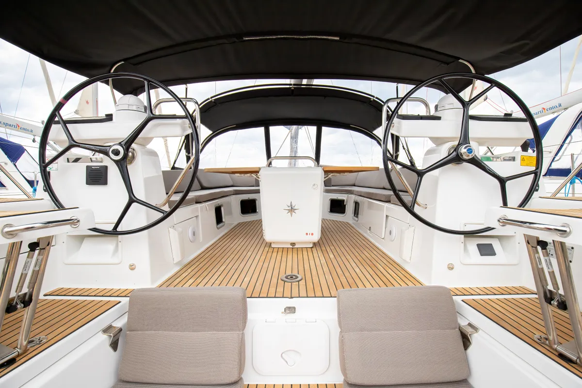 Cockpit of Talassa, a Jeanneau 54 sailboat at Salerno, Italy