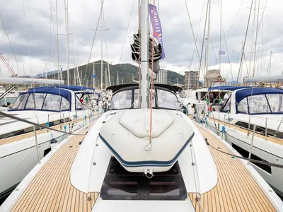 Deck of Talassa, a Jeanneau 54 sailboat at Salerno, Italy