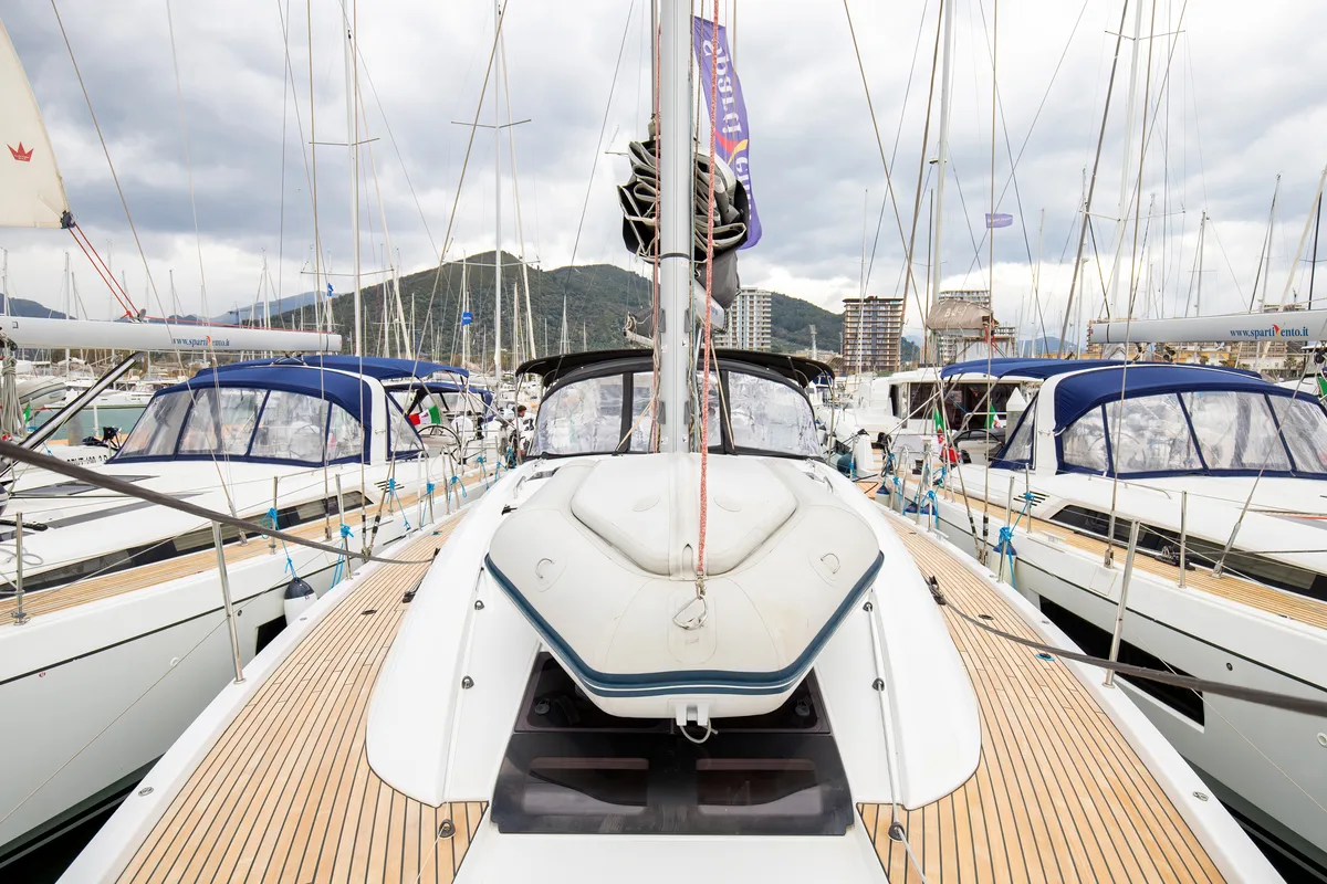 Deck of Talassa, a Jeanneau 54 sailboat at Salerno, Italy