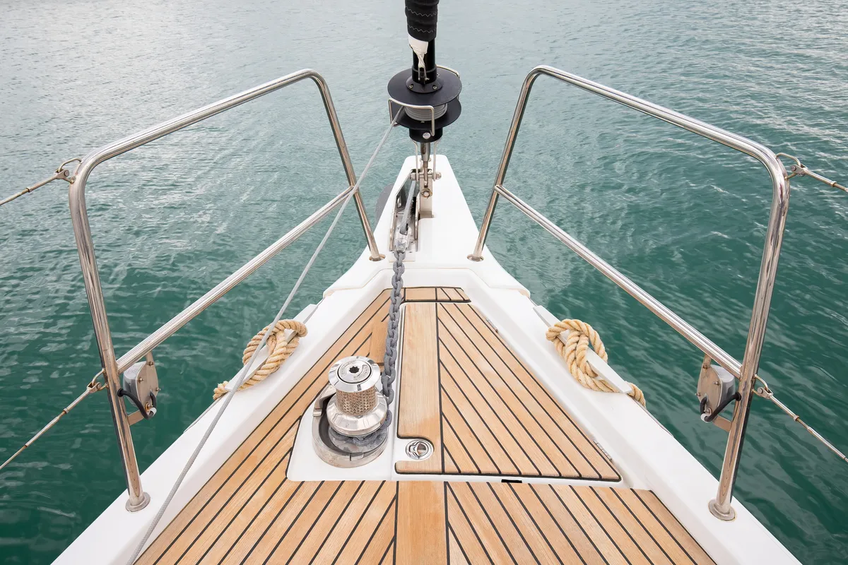 Deck of Talassa, a Jeanneau 54 sailboat at Salerno, Italy