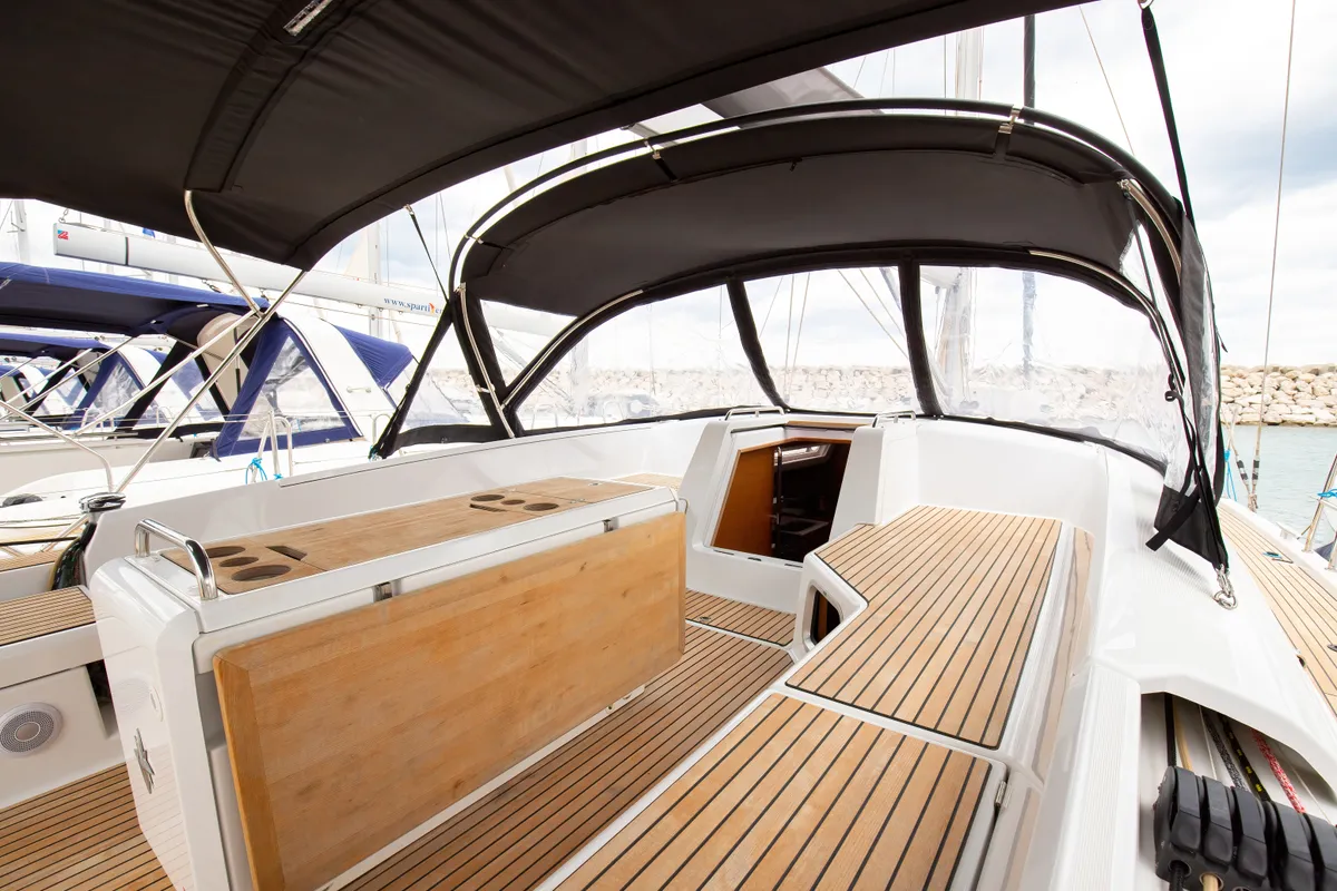 Deck of Talassa, a Jeanneau 54 sailboat at Salerno, Italy