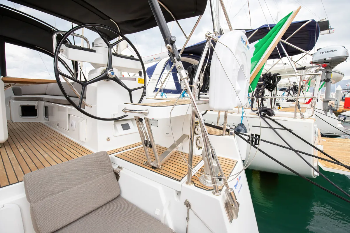 Cockpit of Talassa, a Jeanneau 54 sailboat at Salerno, Italy