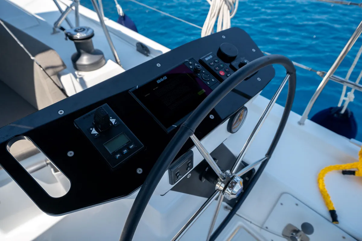 Cockpit of Gusto 7, a Dufour 470 sailboat at Fethiye, Turkey