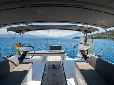 Deck of Gusto 7, a Dufour 470 sailboat at Fethiye, Turkey
