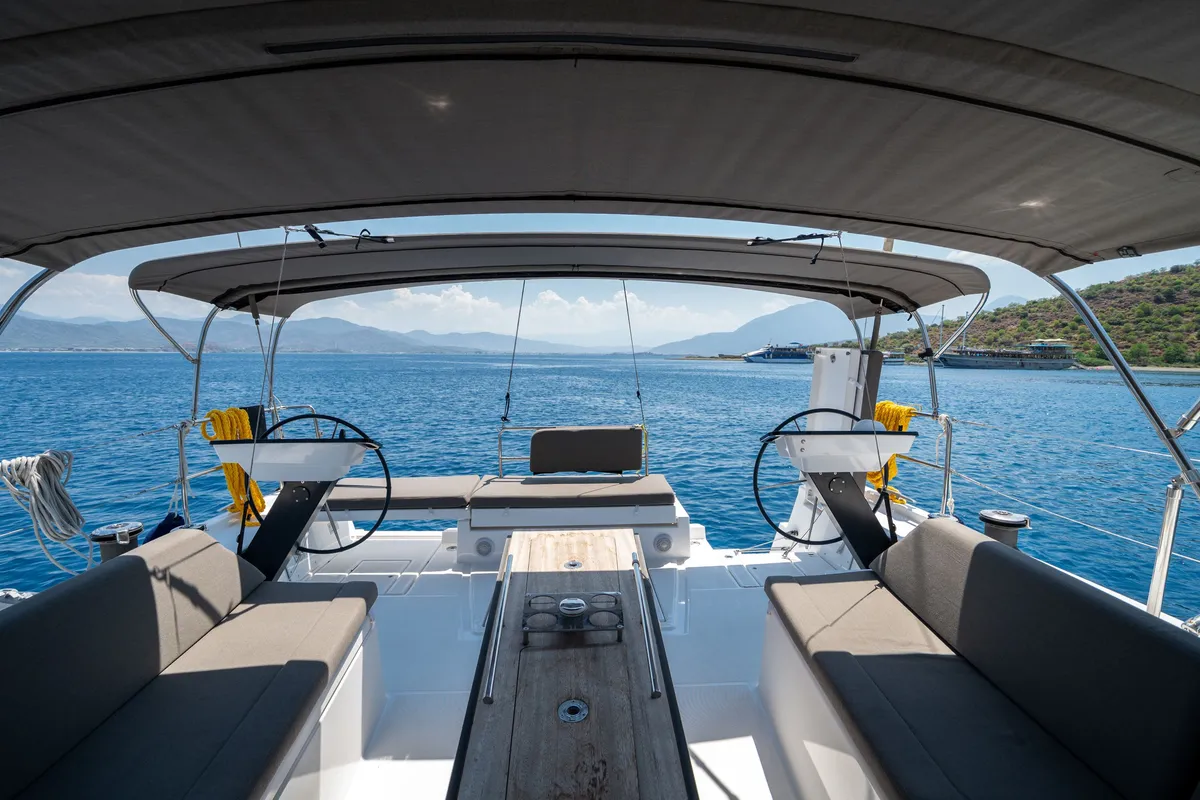 Deck of Gusto 7, a Dufour 470 sailboat at Fethiye, Turkey