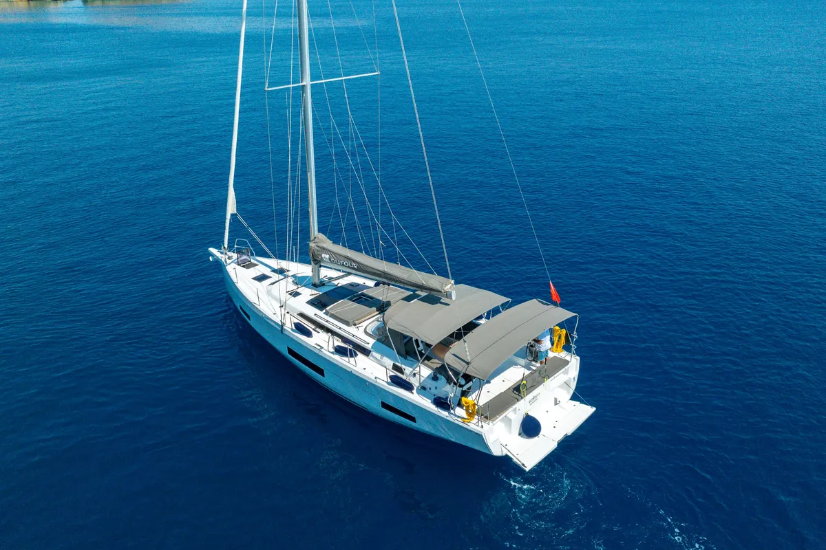Exterior view of Gusto 7, a Dufour 470 sailboat at Fethiye, Turkey