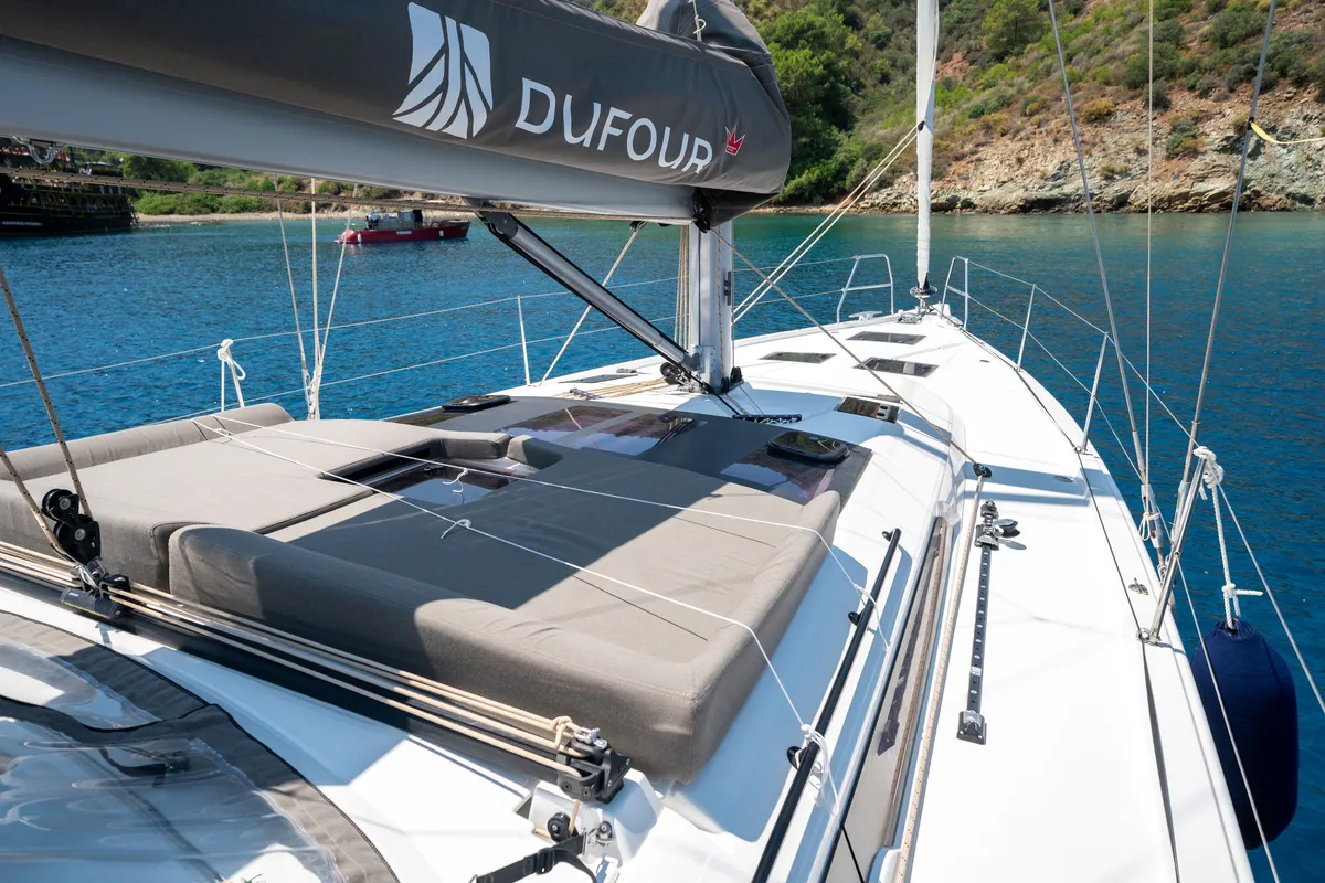 Deck of Gusto 7, a Dufour 470 sailboat at Fethiye, Turkey