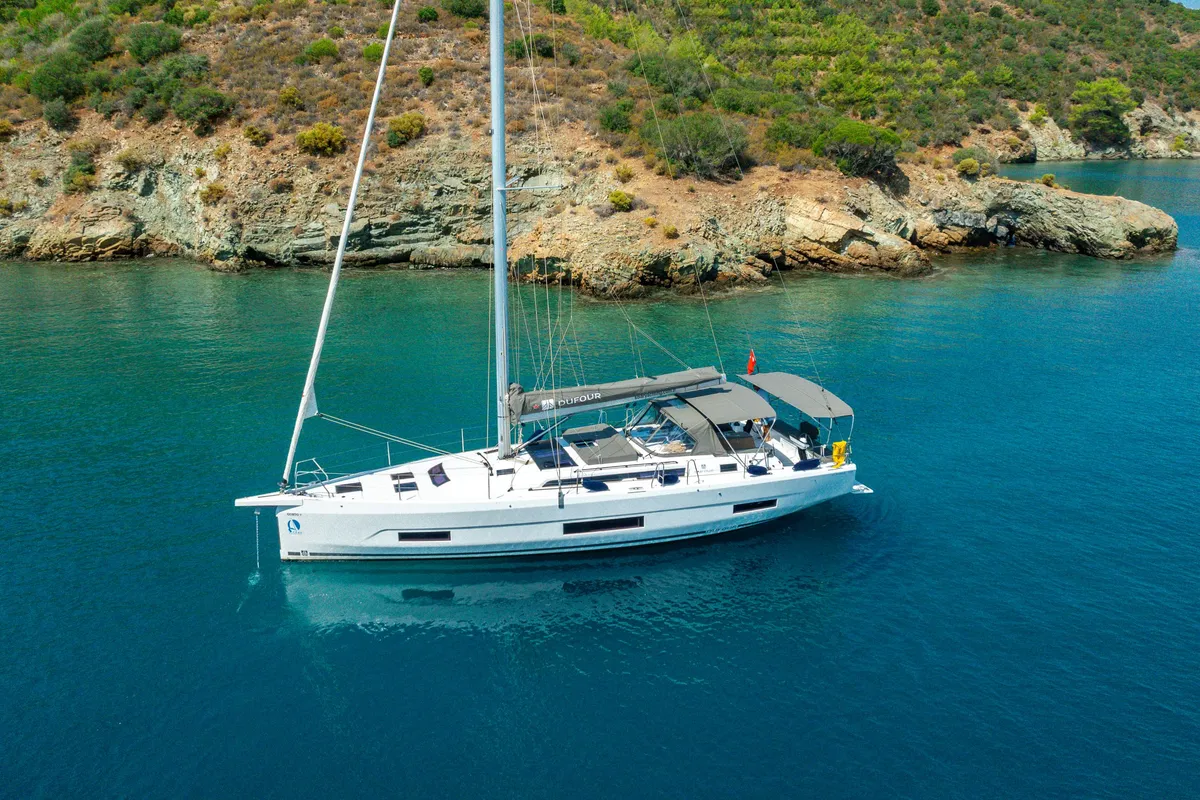 Exterior view of Gusto 7, a Dufour 470 sailboat at Fethiye, Turkey