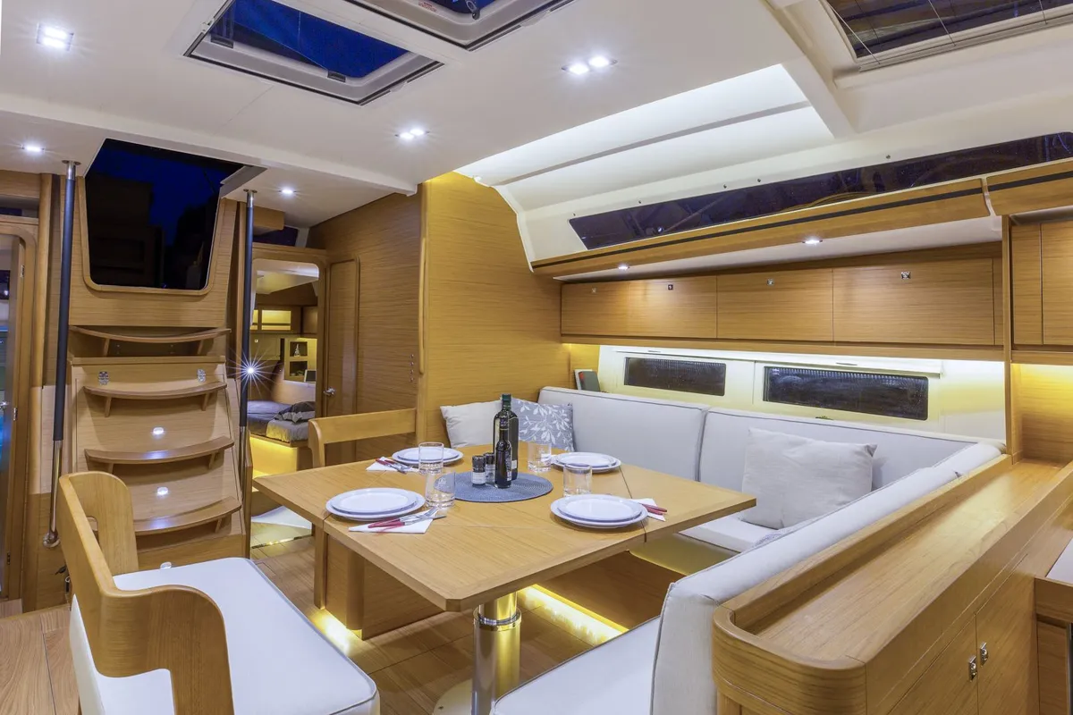 Salon of Kalypso, a Dufour 520 GL sailboat at Sithonia Municipal Unit, Greece