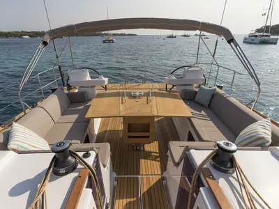 Cockpit of Kalypso, a Dufour 520 GL sailboat at Sithonia Municipal Unit, Greece