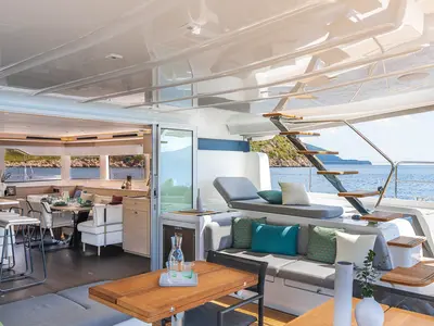 Deck of Lady M, a Lagoon 60 catamaran at Athens, Greece