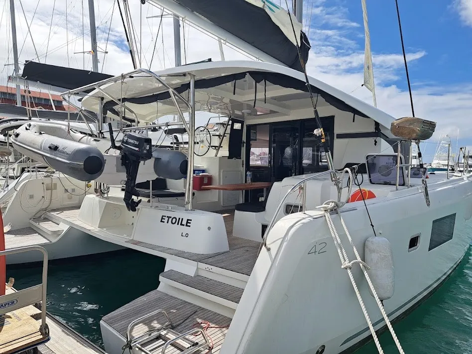 Exterior view of Etoile, a Lagoon 42 catamaran at Roche Caiman, Seychelles