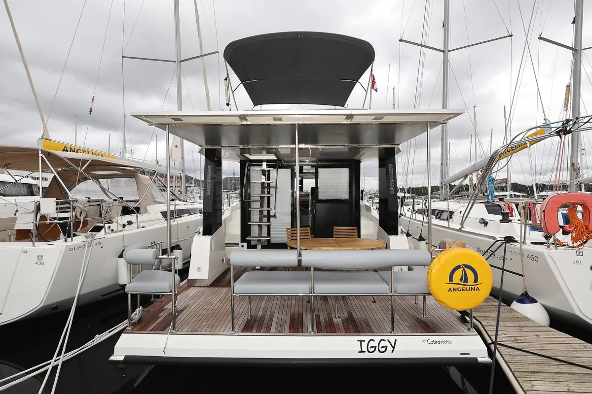 Exterior view of Iggy, a Cobra Yachts Seamaster 45 motor yacht at Primošten, Croatia