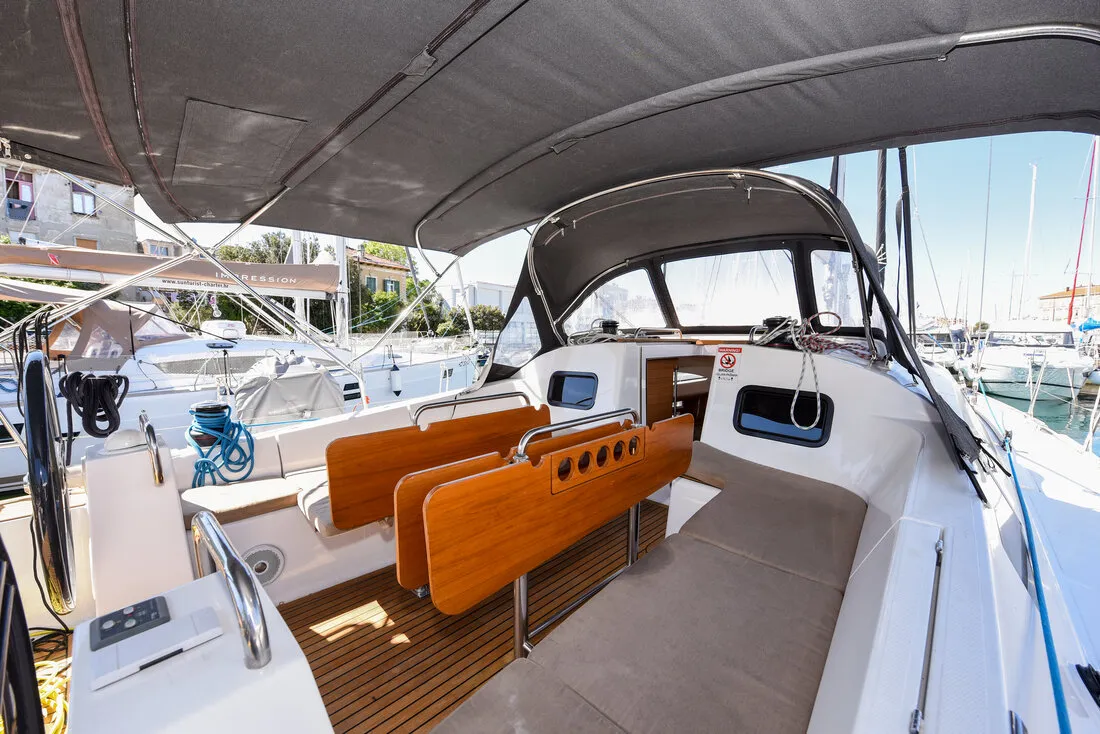 Deck of Jola, a Elan Impression 45.1 sailboat at Zadar, Croatia