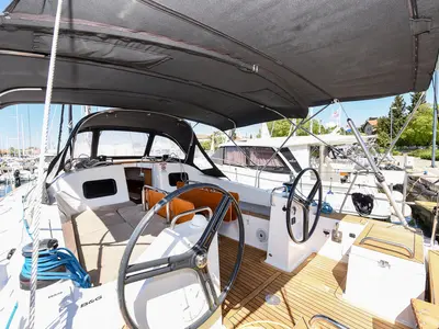 Cockpit of Jola, a Elan Impression 45.1 sailboat at Zadar, Croatia
