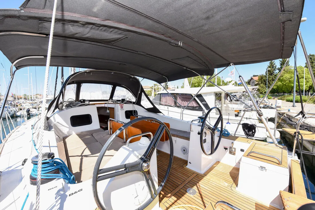 Cockpit of Jola, a Elan Impression 45.1 sailboat at Zadar, Croatia