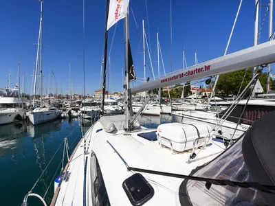 Deck of Jola, a Elan Impression 45.1 sailboat at Zadar, Croatia
