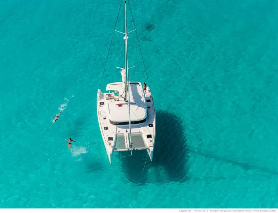 Exterior view of Le Grand Bleu, a Lagoon 39 catamaran at Kontokali, Greece