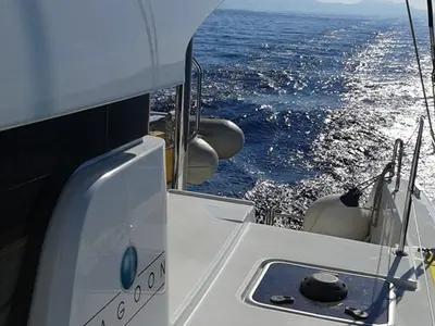 Deck of Le Grand Bleu, a Lagoon 39 catamaran at Kontokali, Greece