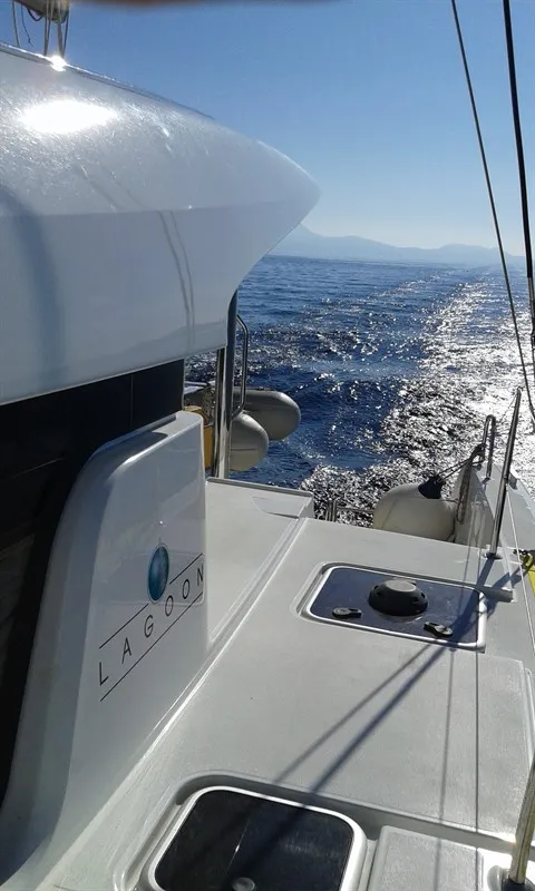 Deck of Le Grand Bleu, a Lagoon 39 catamaran at Kontokali, Greece