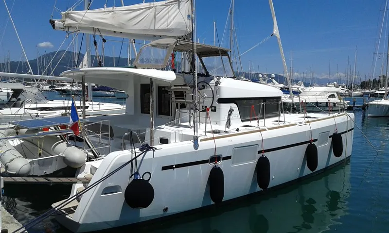 Exterior view of Le Grand Bleu, a Lagoon 39 catamaran at Kontokali, Greece