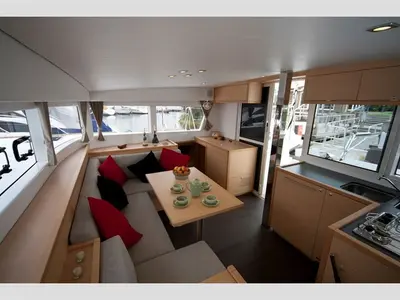 Salon of Le Grand Bleu, a Lagoon 39 catamaran at Kontokali, Greece