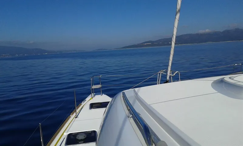 Deck of Le Grand Bleu, a Lagoon 39 catamaran at Kontokali, Greece