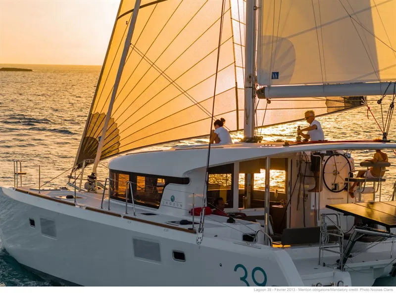 Exterior view of Le Grand Bleu, a Lagoon 39 catamaran at Kontokali, Greece