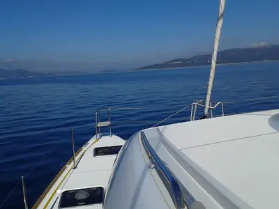 Deck of Le Grand Bleu, a Lagoon 39 catamaran at Kontokali, Greece
