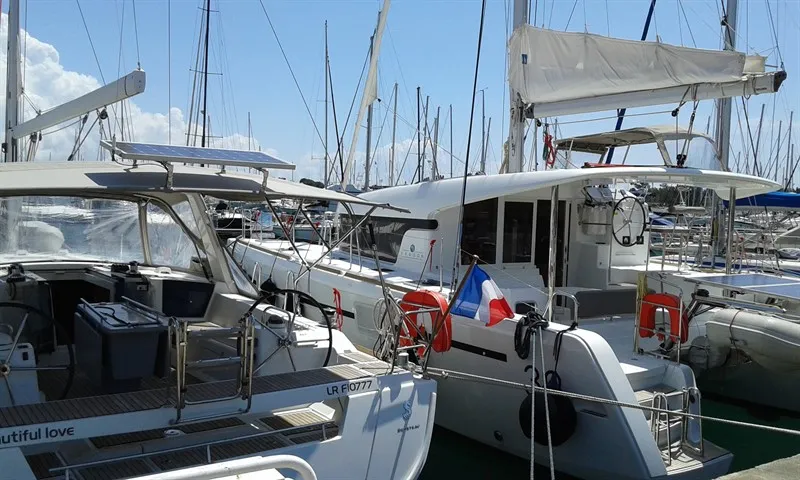 Le Grand Bleu, a Lagoon 39 catamaran at Kontokali, Greece