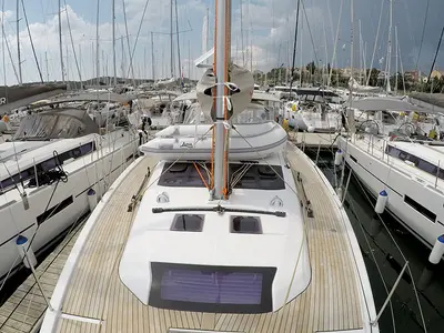 Deck of Freya, a Dufour 430 GL sailboat at Šibenik, Croatia