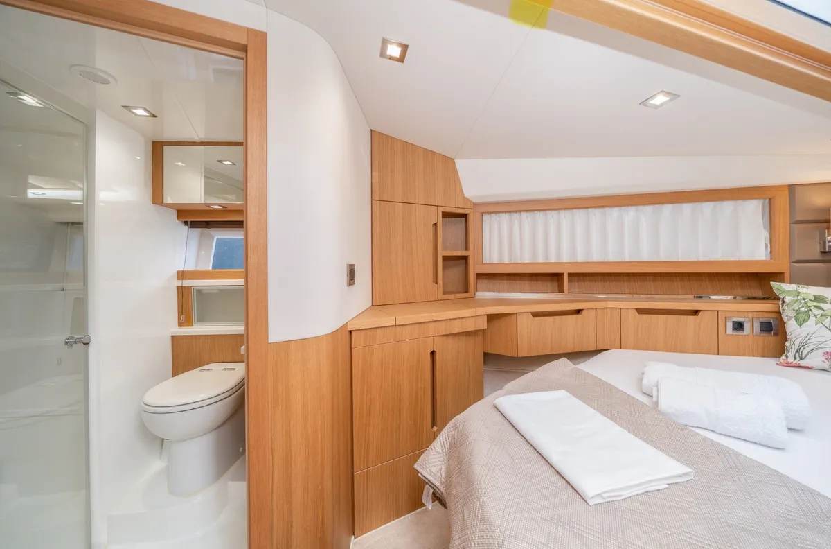 Cabin on BELLAGIO, a Galeon 430 Skydeck motorboat at Makarska, Croatia