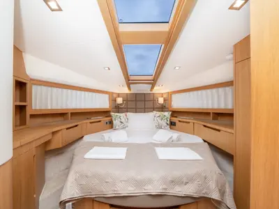 Cabin on BELLAGIO, a Galeon 430 Skydeck motorboat at Makarska, Croatia