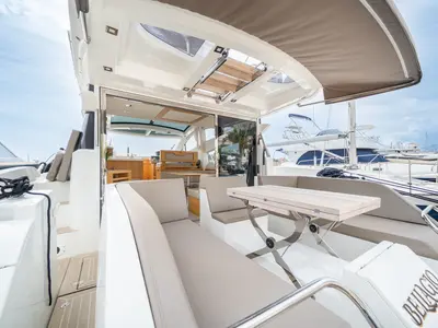 Deck of BELLAGIO, a Galeon 430 Skydeck motorboat at Makarska, Croatia