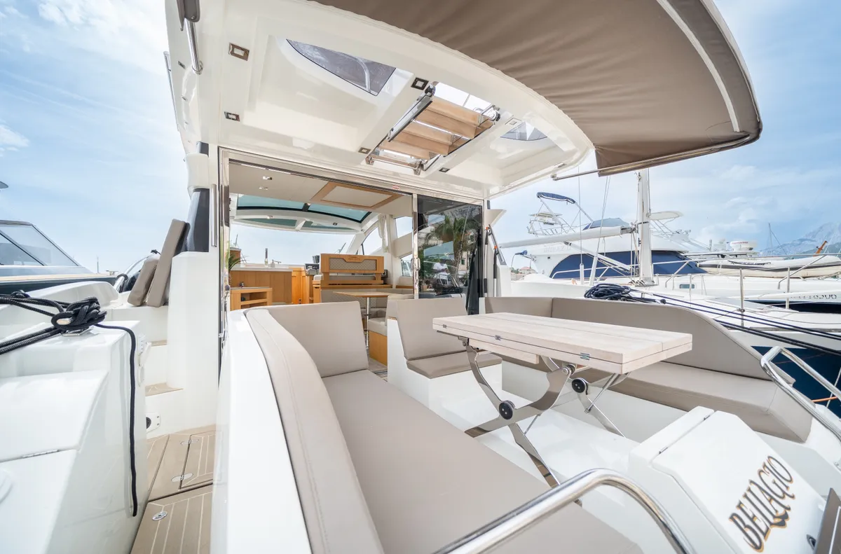 Deck of BELLAGIO, a Galeon 430 Skydeck motorboat at Makarska, Croatia