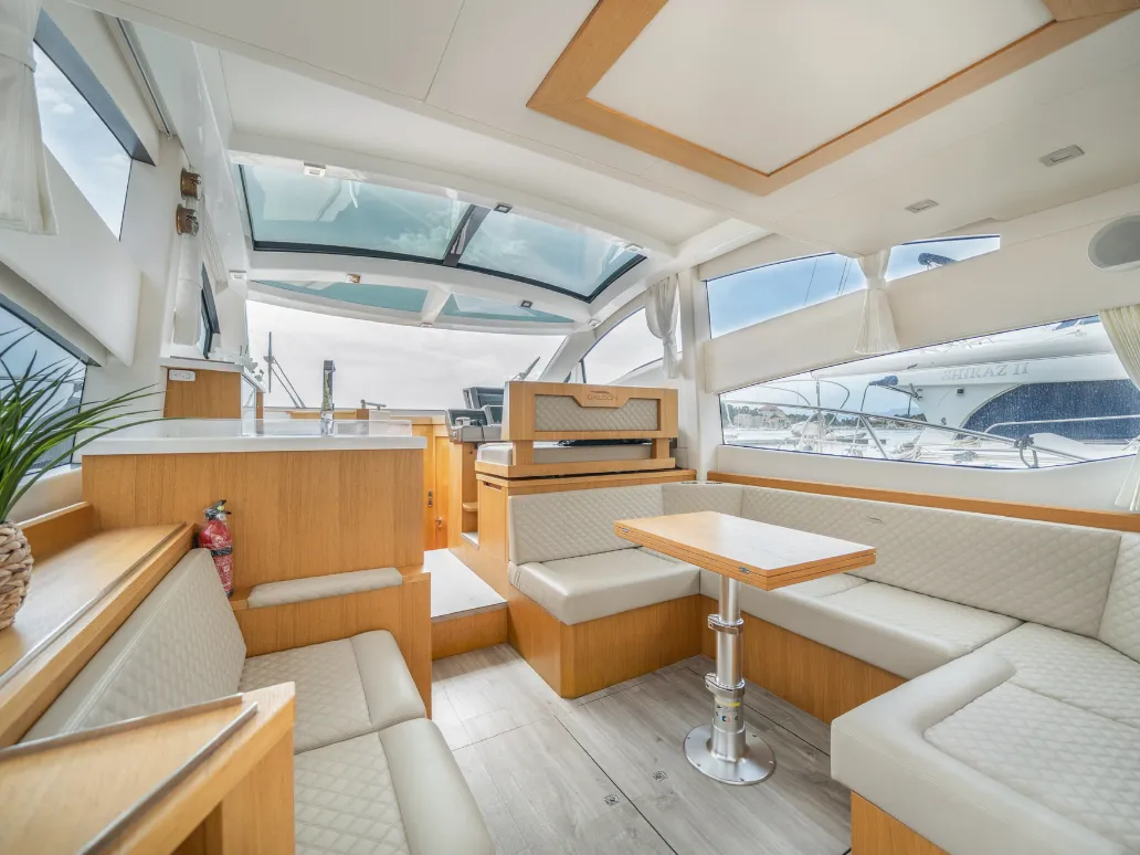 Exterior view of BELLAGIO, a Galeon 430 Skydeck motorboat at Makarska, Croatia