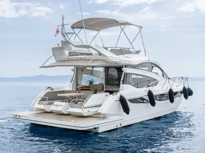 Cockpit of BELLAGIO, a Galeon 430 Skydeck motorboat at Makarska, Croatia