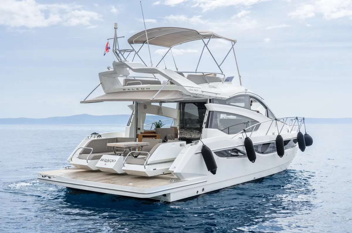 Cockpit of BELLAGIO, a Galeon 430 Skydeck motorboat at Makarska, Croatia