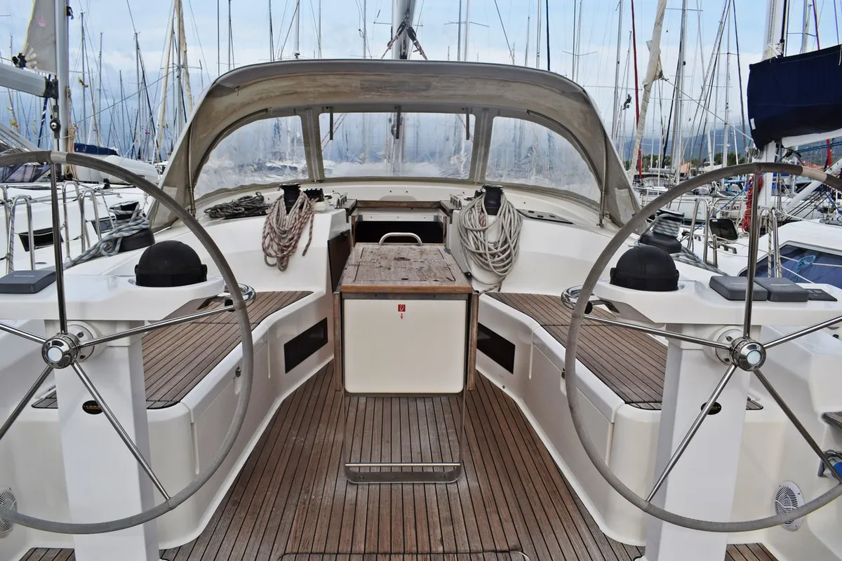 Exterior view of Tiha, a Bavaria Cruiser 45 sailboat at Grad Kaštela, Croatia